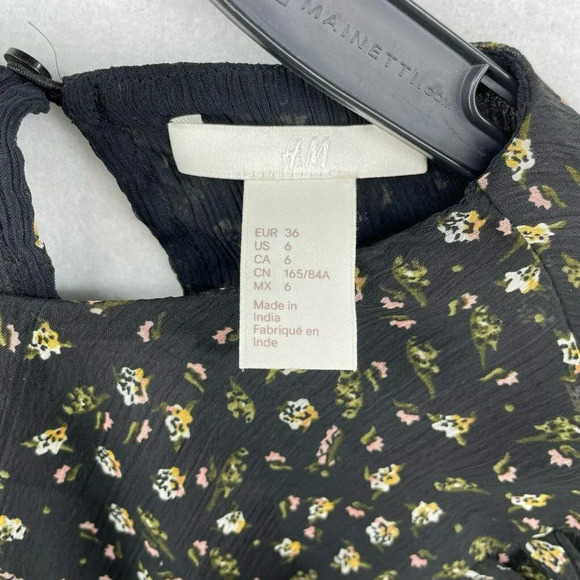 H&M Blouse Women's Sz 6 Black Floral Ruffle Puff Sleeves Long Sleeves Sheer - Picture 10 of 11